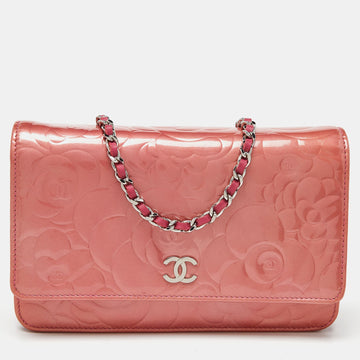 Pink Camellia Patent and Leather Wallet On Chain