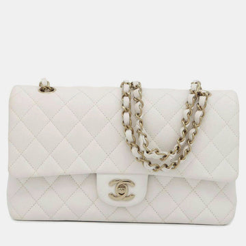 White Leather ClaESic Double Flap Shoulder Bag