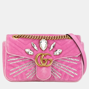 Pink Velvet Crystal-Embellished Small GG Marmont MatelaESe CroESbody Bag
