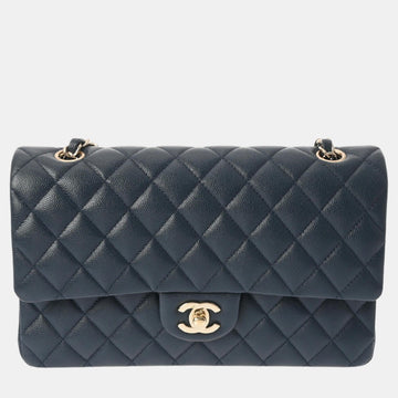 Navy Caviar Skin MatelaESe Chain Shoulder Double Flap 25cm Bag