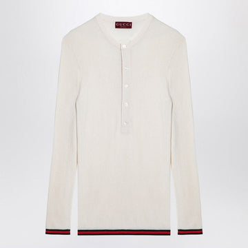 GUCCI Silk Crewneck T-Shirt with Ribbed Detail and Web Ribbon Cuffs for Men