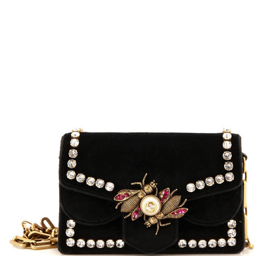 GUCCI Broadway Pearly Bee Shoulder Bag Crystal Embellished Velvet Mini