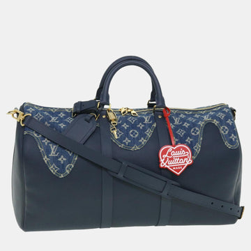Virgil Abloh Blue Monogram Denim and Navy Grained Taurillon Drip Keepall Bandouli&egrave;re 50 Duffel Bags
