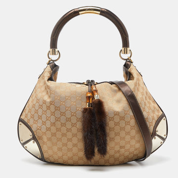 Beige/Dark Brown GG Canvas and Leather/Mink Fur Large Babouska Indy Hobo