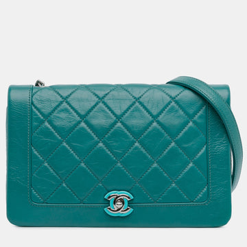 Turqoise Crumpled Calfskin Leather Bi Quilted Vintage Full Flap Bag