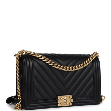 New Chanel New Medium Chevron Boy Bag Black Calfskin Antique Gold Hardware