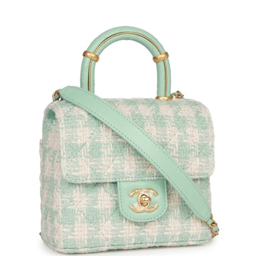Chanel Mini Square Flap with Top Handle Turquoise and ESru Tweed Antique Gold Hardware