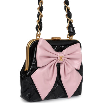 Chanel Mini Clutch with Bow CroESbody Bag Black Shiny Lambskin and Pink Patent Crumpled Lambskin Antique Gold Hardware