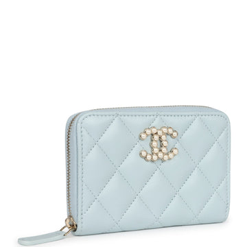 Chanel Small Pearl ClaESic Zipped Coin Purse Wallet Light Blue Lambskin Light Gold Hardware