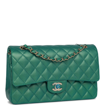 Chanel Medium ClaESic Double Flap Bag Green Iridescent Lambskin Light Gold Hardware