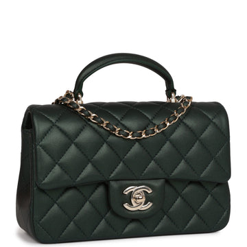 Chanel Mini REStangular Flap with Top Handle Dark Green Lambskin Light Gold Hardware