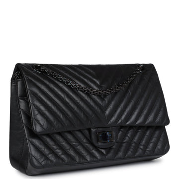 Chanel Medium Chevron ReiESue 226 2.55 Flap Bag So Black Aged Calfskin Black Hardware