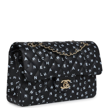 Chanel Small ClaESic Double Logo Printed Flap Bag Black and White Calfskin Gold Hardware