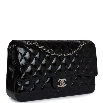 Chanel Medium ClaESic Double Flap Bag Black Crumpled Patent Leather Silver Hardware