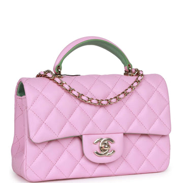 Chanel Mini REStangular Flap with Top Handle Pink and Green Lambskin Light Gold Hardware