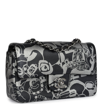 Chanel Mini REStangular Flap Bag Black and Silver Printed Lambskin Ruthenium Hardware