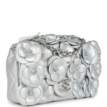 Chanel Mini REStangular Camellia Flap Bag Silver Lambskin Silver Hardware