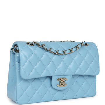 New Chanel Small ClaESic Double Flap Bag Light Blue Caviar Light Gold Hardware