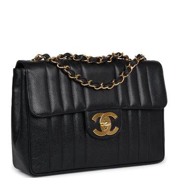 Chanel XL Jumbo Mademoiselle Vertical Flap Black Caviar Gold Hardware