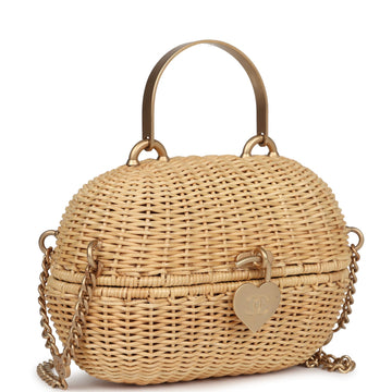 New Chanel Small Heart Lock Basket Bag Natural Wicker Brushed Gold Hardware