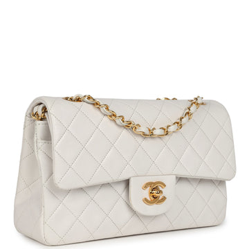 Vintage Chanel Small ClaESic Double Flap Bag White Lambskin Gold Hardware