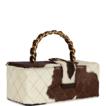 Vintage Chanel REStangular Vanity Box Brown and White Cow Print Pony Hair Antique Gold Hardware