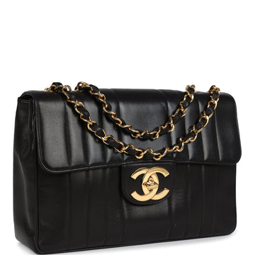 Vintage Chanel Jumbo Mademoiselle Vertical Flap Black Lambskin Gold Hardware