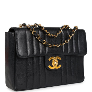 Chanel Jumbo Mademoiselle Vertical Flap Black Caviar Gold Hardware