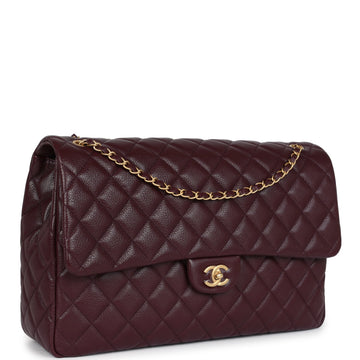 Chanel XXL ClaESic Single Flap Bag Burgundy Shiny Caviar Antique Gold Hardware