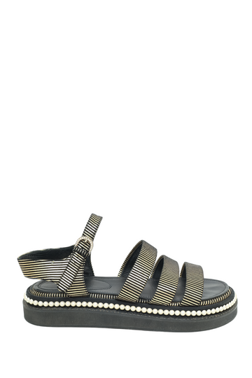 Chanel™ Black/Gold Striped Faux Pearl Trimmed Sandals Size 37.5