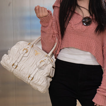 Prada Taupe Gaufre Pleated Two-Way Satchel Tote Bag TWS
