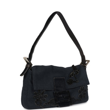 Fendi Baguette Bag Floral Applique Grey and Black Wool and Ponyhair Silver Hardware