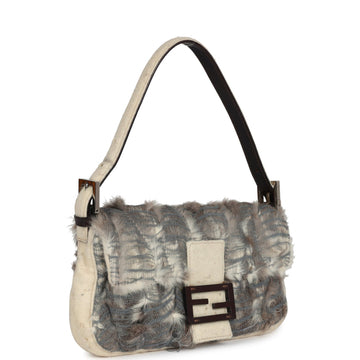 Fendi Baguette Bag Ivory Felt and Grey Rabbit Fur Silver Hardware