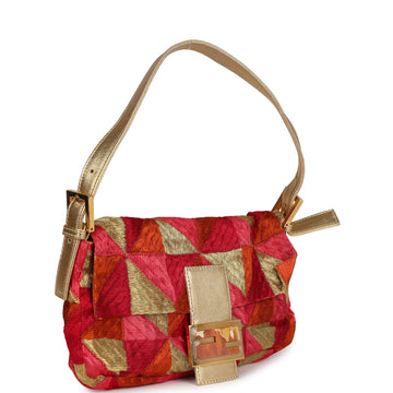 Fendi Patchwork Baguette Bag Gold, Pink, Orange and Red Embroidered Silk Gold Hardware