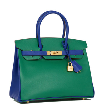 Hermes SpESial Order (HES) Birkin 30 Vert Verone and Bleu ElEStric Epsom Brushed Gold Hardware