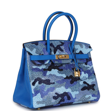 Custom Camouflage SwaroESki Crystal Hermes Birkin 30 Bleu Hydra Chevre Gold Hardware