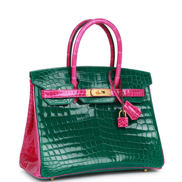 Hermes SpESial Order (HES) Birkin 30 Emerald and Rose Scheherazade Shiny Niloticus Crocodile Brushed Gold Hardware