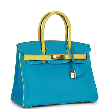 Hermes SpESial Order (HES) Birkin 30 Bleu Turquoise and Lime Chevre Gold Hardware