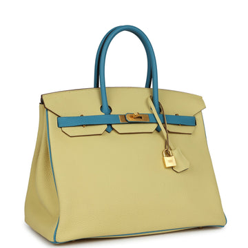 Hermes SpESial Order (HES) Birkin 35 Jaune PouESin and Bleu Paradise Togo Brushed Gold Hardware