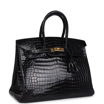 New Hermes Birkin 35 Black Shiny Porosus Crocodile Gold Hardware
