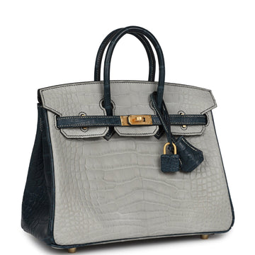Hermes SpESial Order (HES) Birkin 25 Gris Perle and Vert RouESeau Matte Alligator Brushed Gold Hardware