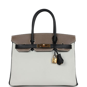 Hermes SpSSial Order (HSS) Tri-color Birkin 30 Gris Perle, Etoupe and Black Chevre Mysore Gold Hardware