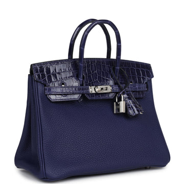 Hermes Birkin 25 Touch Bleu Encre Togo and Shiny Niloticus Crocodile Palladium Hardware