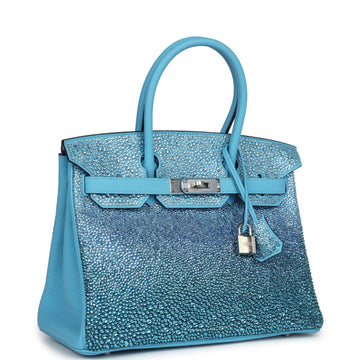 Custom Ombre SwaroESki Crystal Hermes Birkin 30 Bleu Du Nord Clemence Palladium Hardware