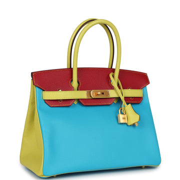 Hermes SpESial Order (HES) Tri-color Birkin 30 Bleu AztES, Soufre and Rouge Vif Chevre Brushed Gold Hardware
