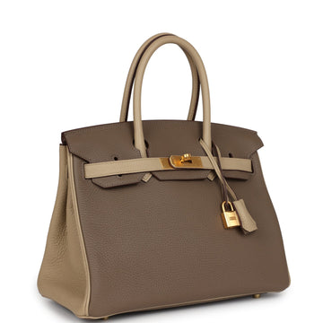 Hermes SpESial Order (HES) Birkin 30 Bi-Color Gris Tourterelle and Etoupe Clemence Brushed Gold Hardware