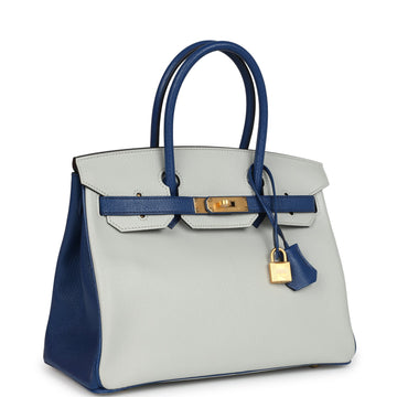 Hermes SpESial Order (HES) Birkin 30 Gris Perle and Bleu Saphir Chevre Brushed Gold Hardware