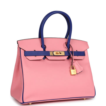 Hermes SpESial Order (HES) Birkin 30 Rose Confetti and Bleu ElEStric Epsom Brushed Gold Hardware