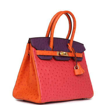Hermes SpESial Order (HES) Birkin 30 Tangerine, Violet and Bougainvillea Ostrich Gold Hardware