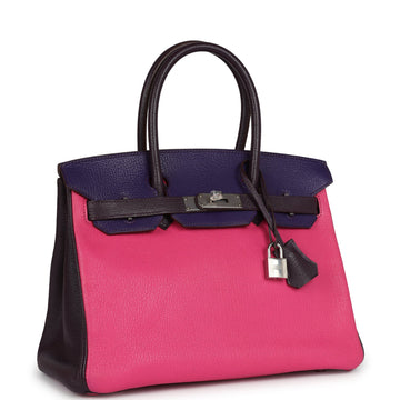 Hermes SpESial Order (HES) Birkin 30 Tri-color Raisin, Ultraviolet and Rose Shocking Chevre Palladium Hardware